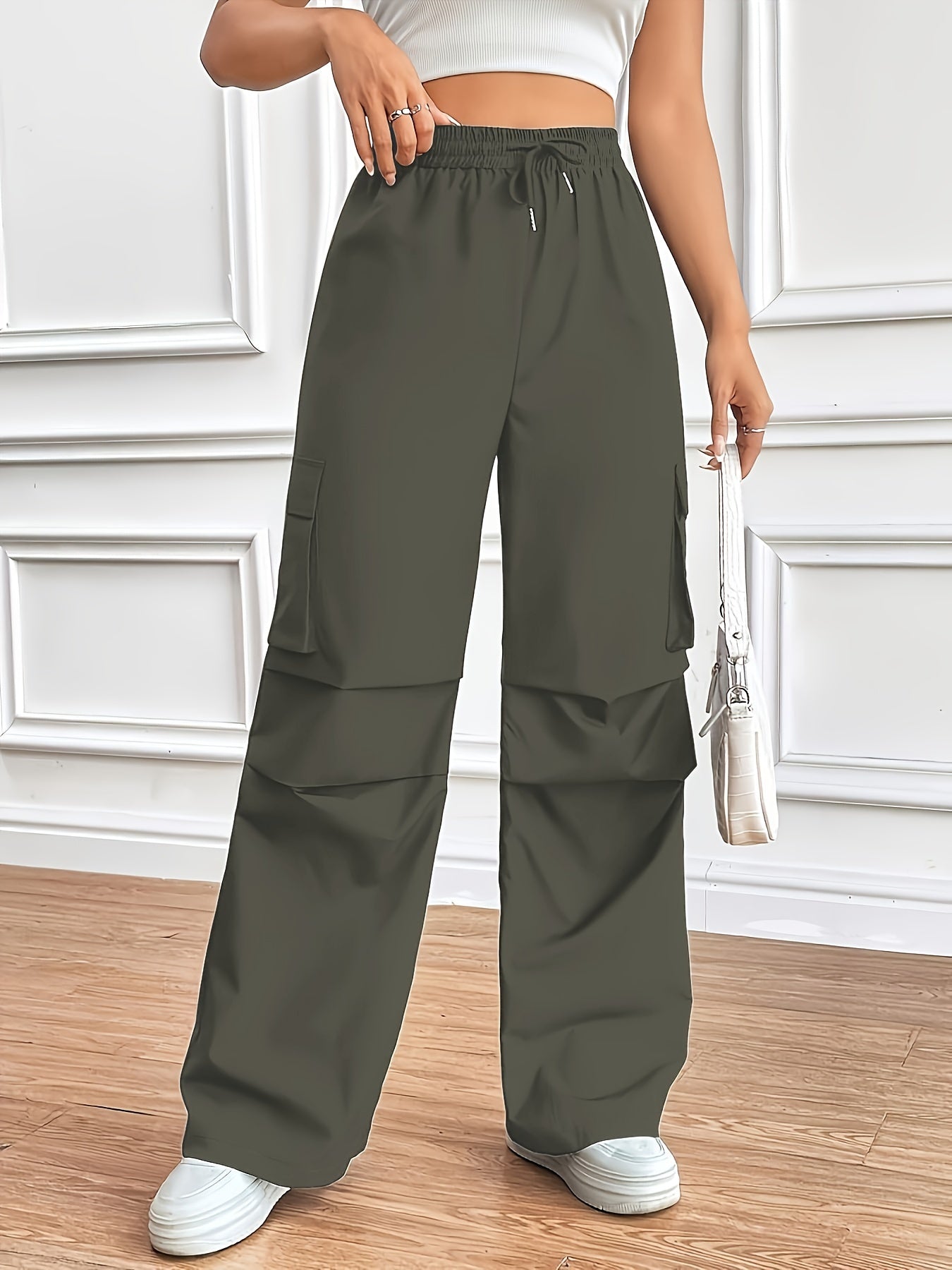 Drawstring Waist Wide Leg Cargo Pants