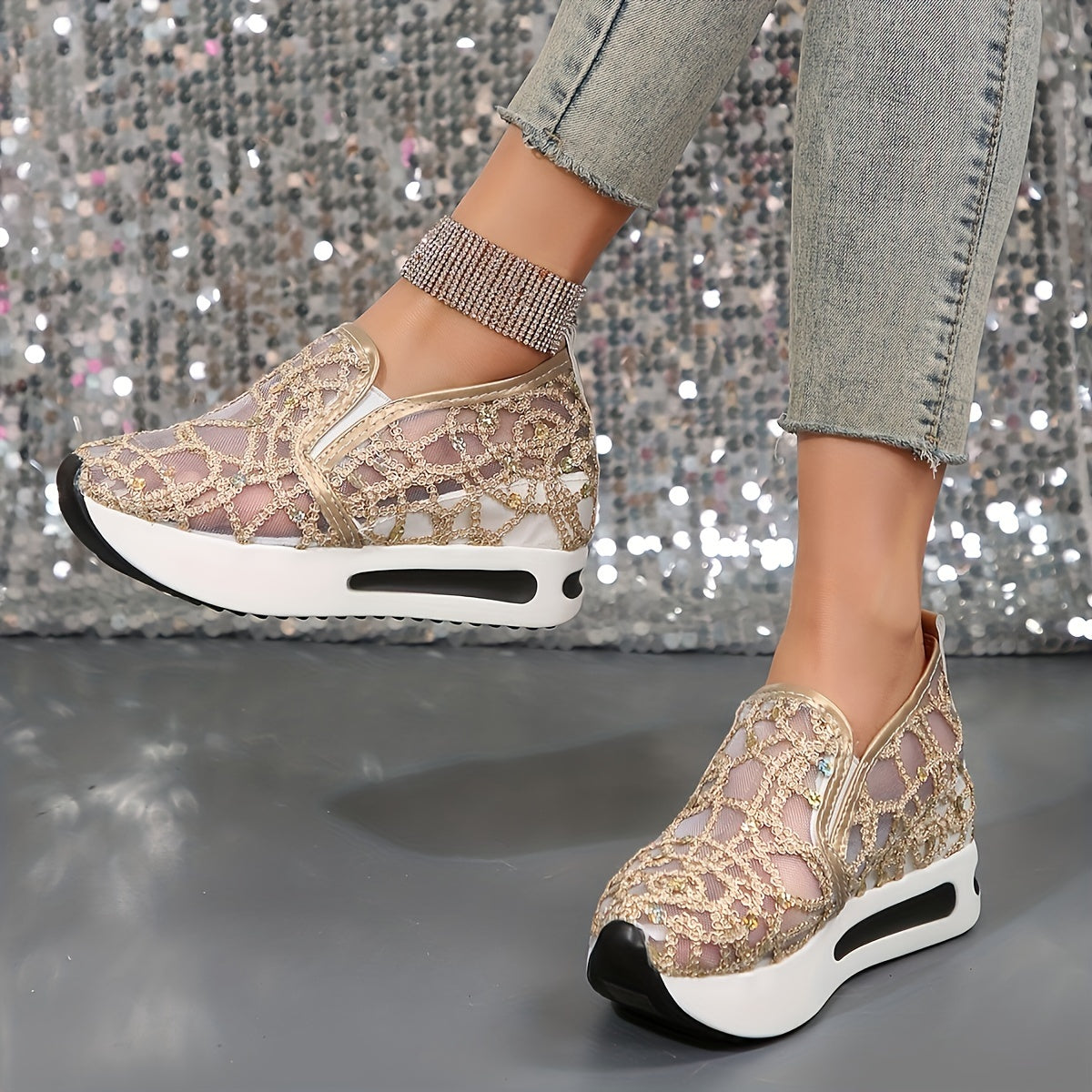 All-Season Fashion Sneakers for Women with Sequins