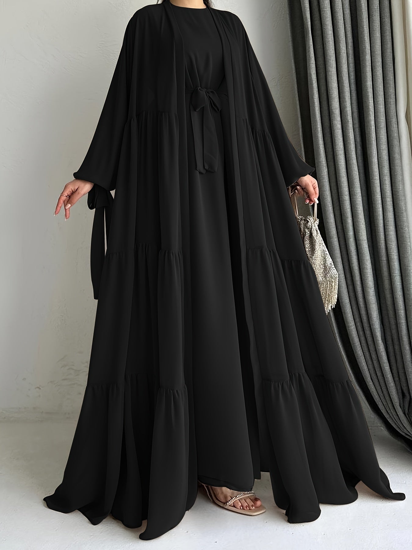 Crew Neck Long Sleeve Abayas Dress - Elegant Ruffle Hem Maxi with Long Sleeve Cardigan