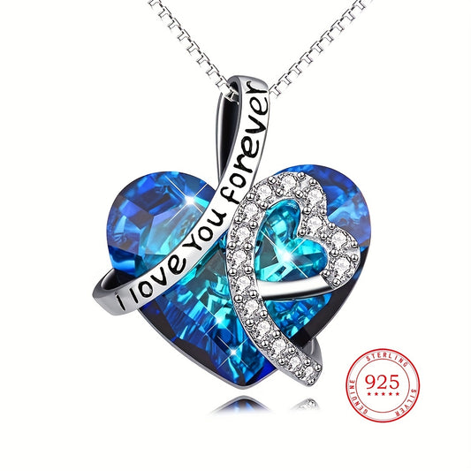 💖 "I Love You Forever" Heart-Shaped Pendant Necklace – 925 Sterling Silver & Blue Crystal ✨