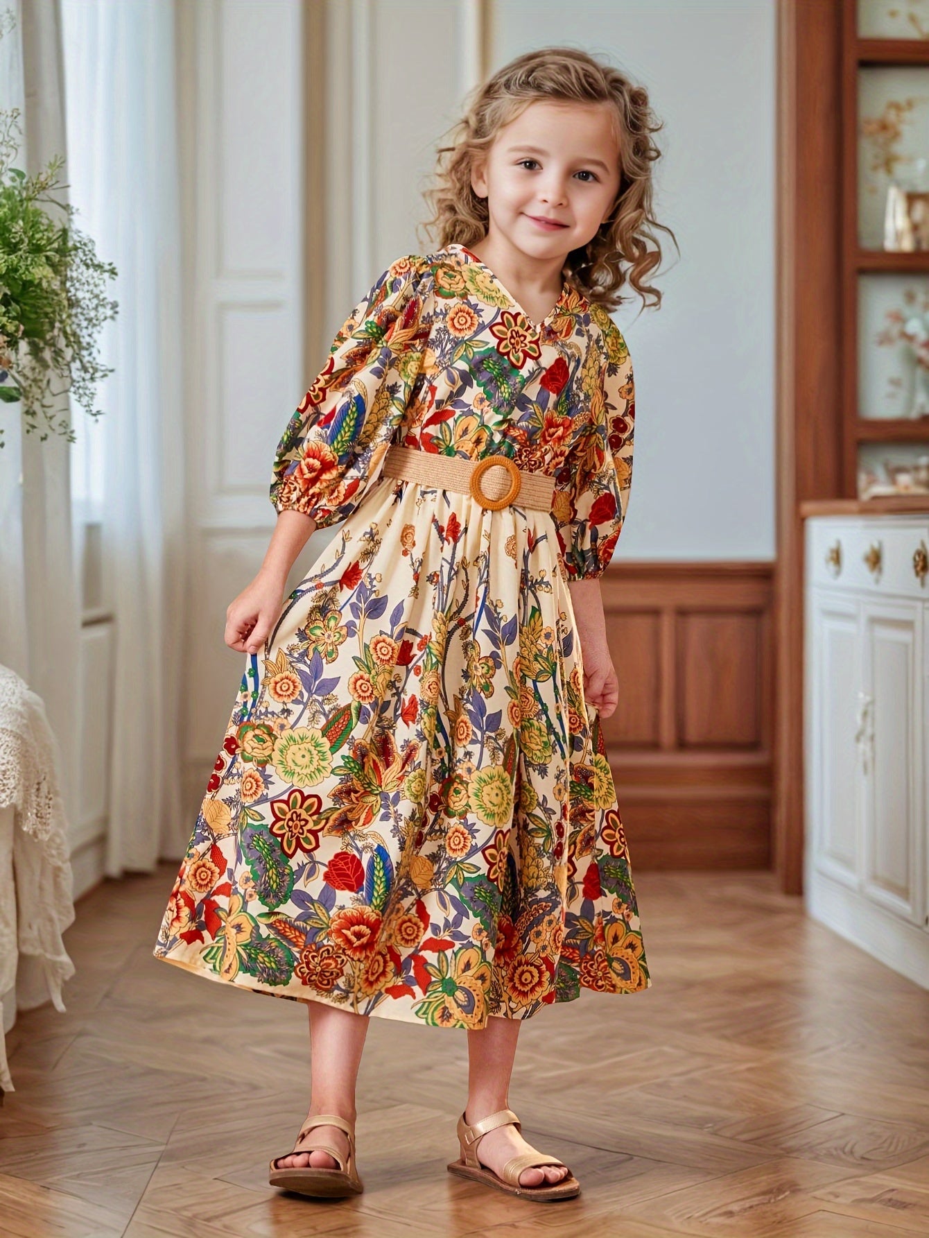 🌼 Flowers Allover Girl's Cropped-Sleeve Dress 🌼