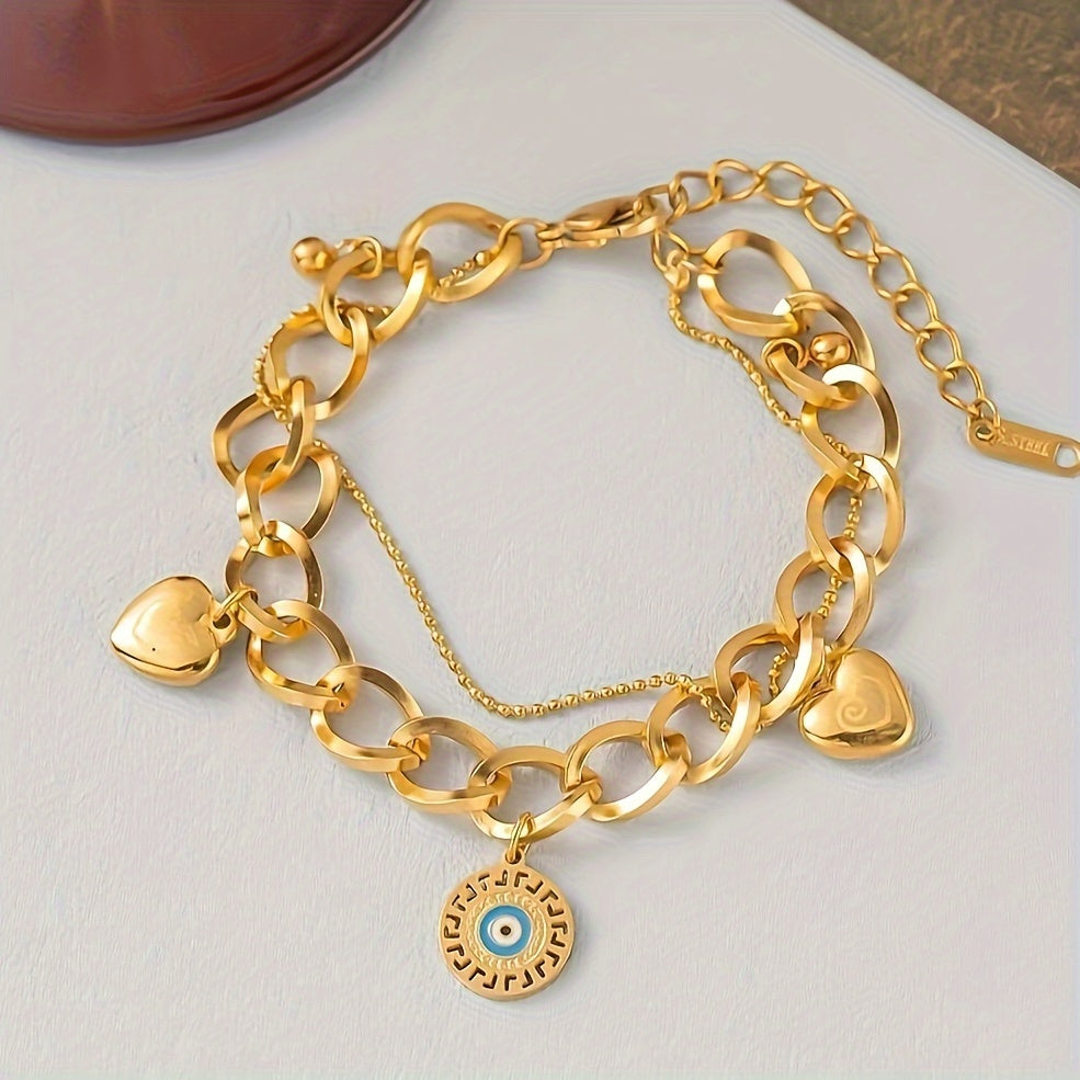 ✨ Vintage Charm Chunky Chain Bracelet – 18K Gold Plated with Blue Eyes Pendant 🌟