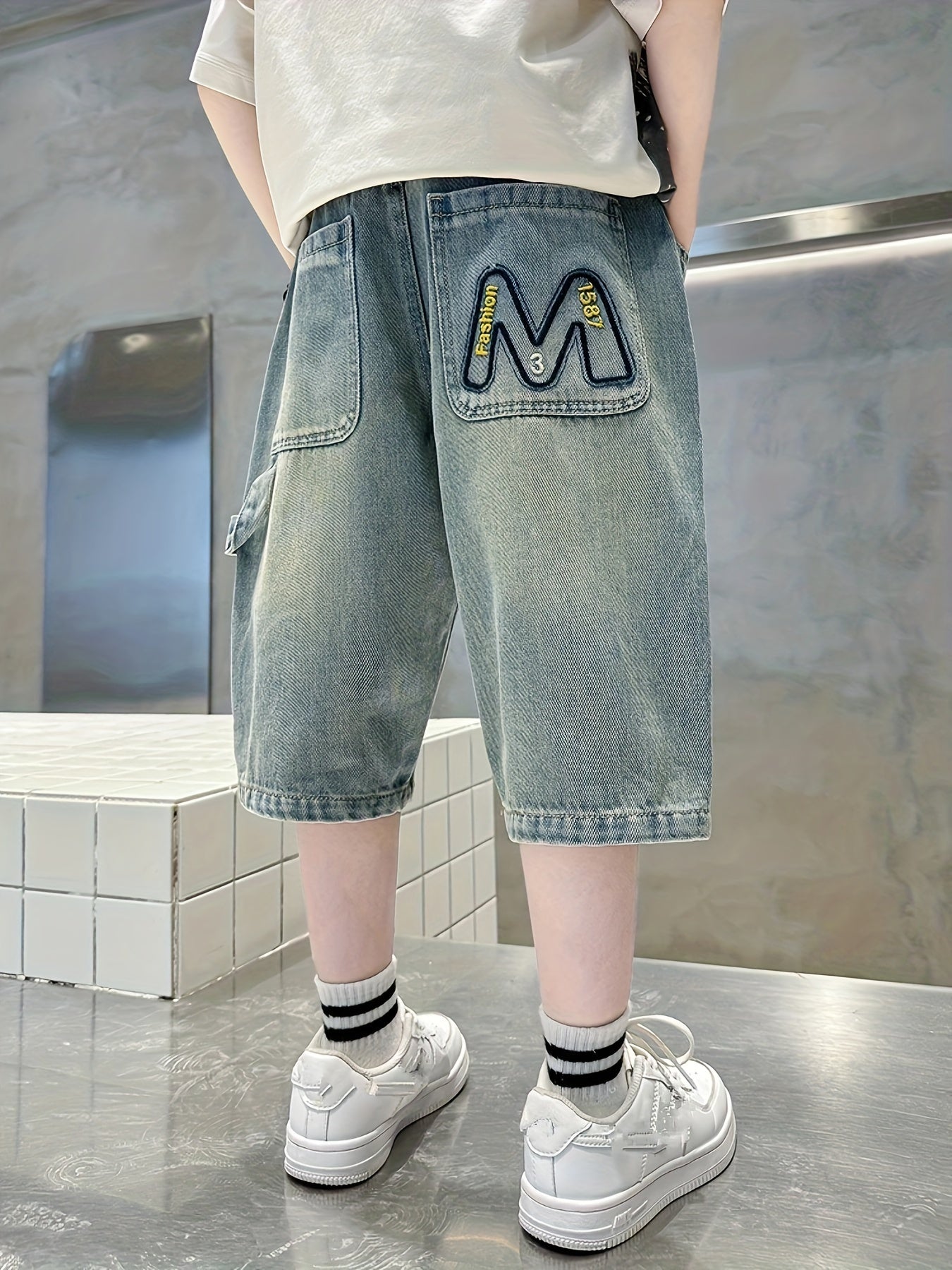 👕 Boys' Letter M Embroidered Denim Shorts