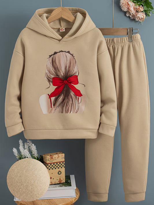 🧥 Creative Portrait Pattern 2-Piece Girl's Long Sleeve Hoodie & Jogger Trousers Set 👚👖