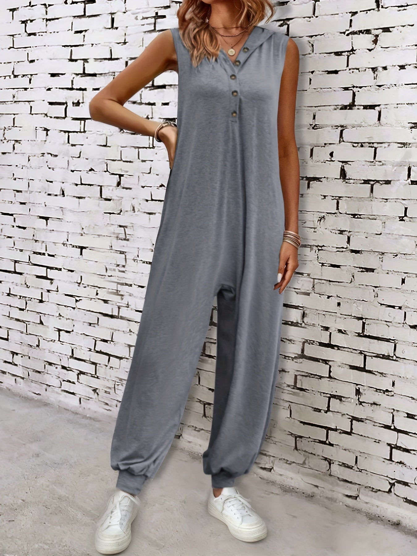 Solid Button Front Hooded Jumpsuit