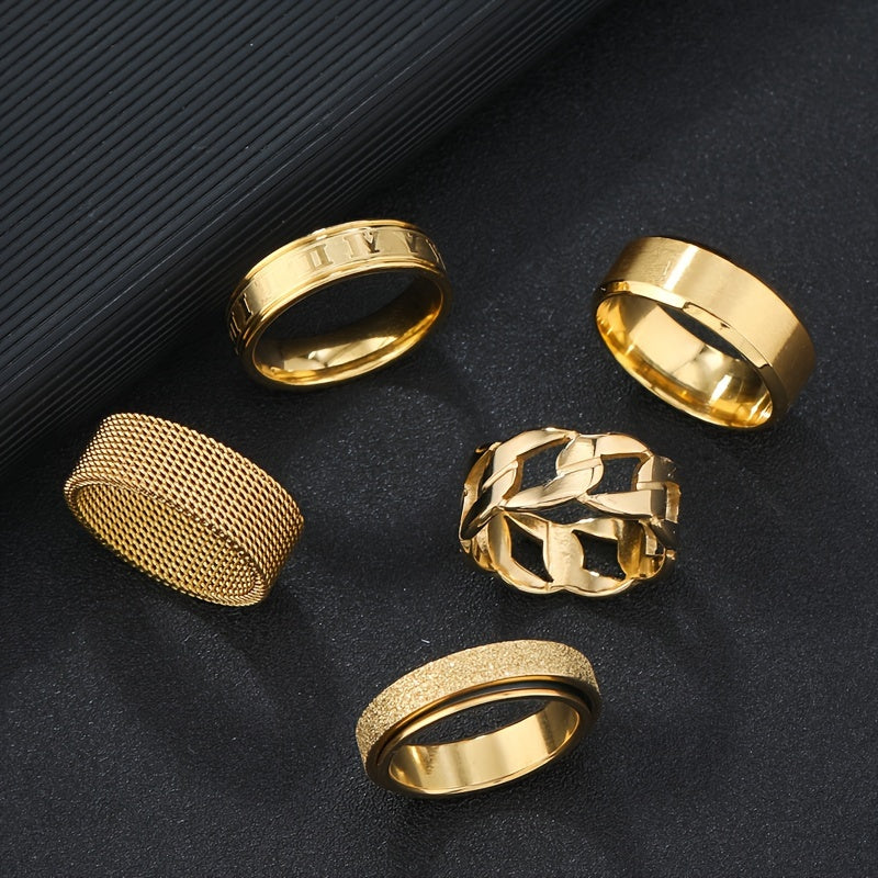 Hip Hop Hollow Out Rotatable Stainless Steel Rings Set – 5-Piece Fashion Ensemble 🔄✨