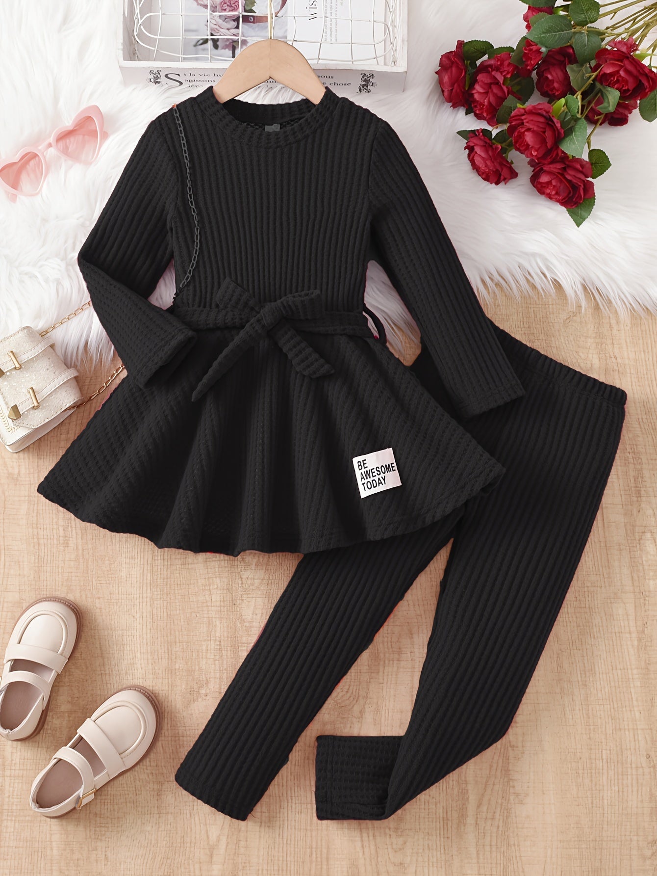 💖 Girls' Casual Waffle Knit Pullover Top with Bow and Long Sleeve Pants Set