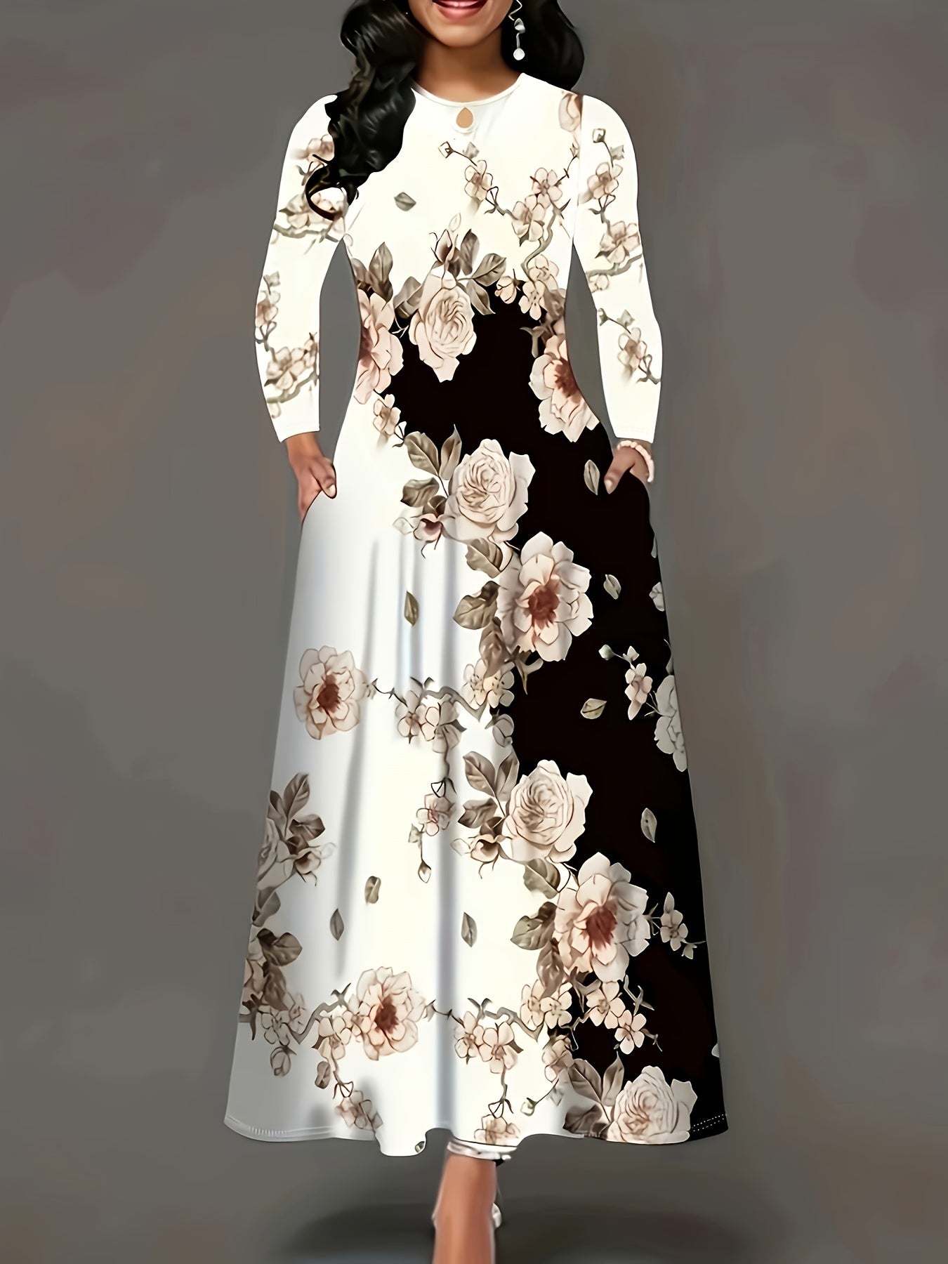 Floral Print Long Sleeve A-Line Dress