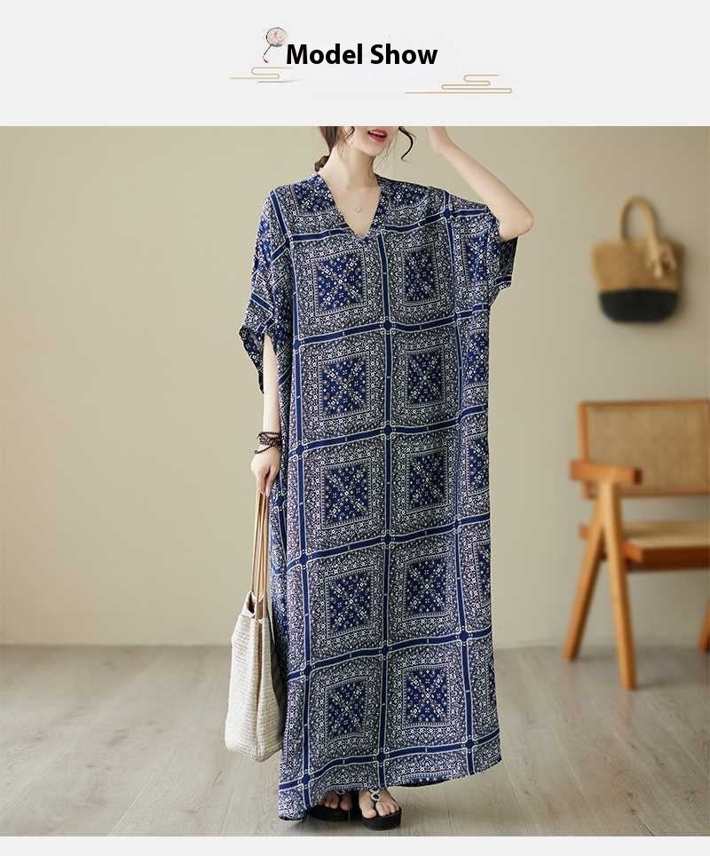 Floral Vacation Style Travel V-neck Retro Flab Hiding Cotton Linen Dress