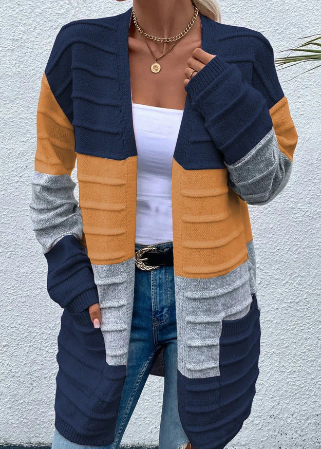 Amazon AliExpress Sweater Women's 2024 Fashion Jacket With Big Pockets Autumn And Winter Long Striped Color Matching Cardigan