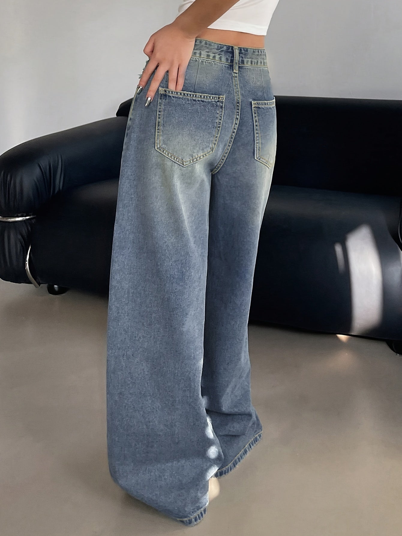 👖 Women's Vintage Washed Blue Denim Wide Leg Jeans 👖