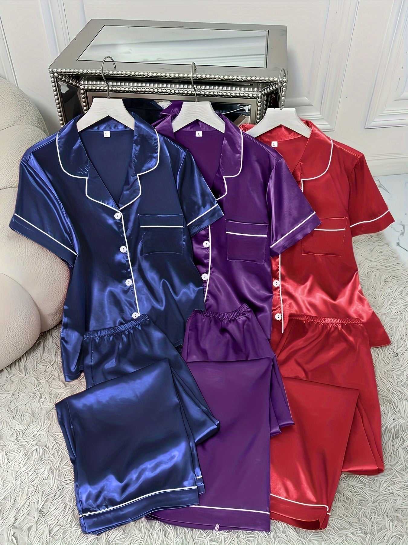 3 Sets Women's Solid Satin Casual Pajama Set ✨