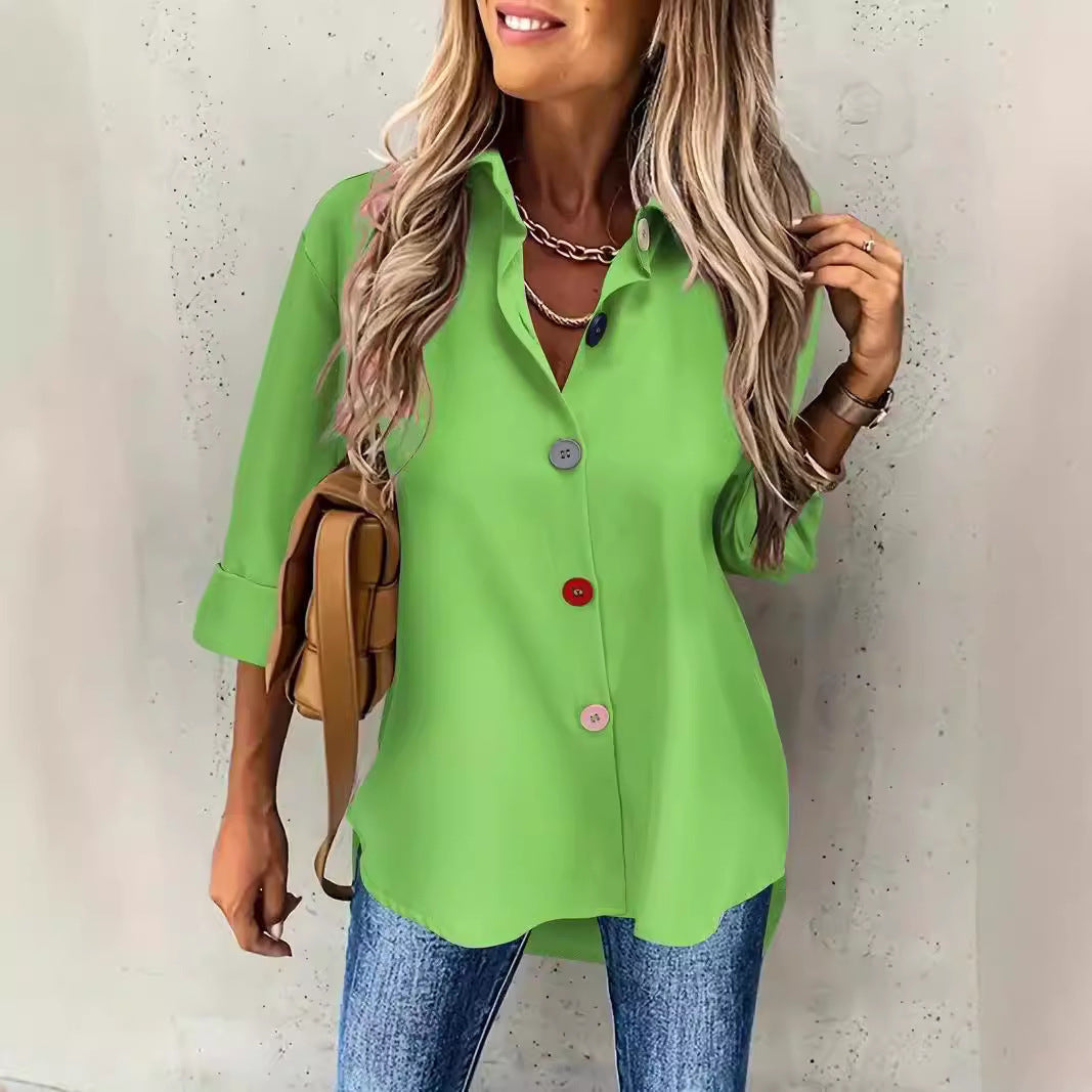 Casual Women's Solid Color Buttons Long Sleeve Shirt Top