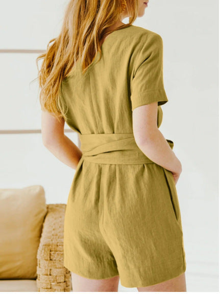 Cotton Linen Solid Color Round Neck Short Sleeves Pocket Lace-up Waist-controlled Casual One-piece Pant Belt Belt