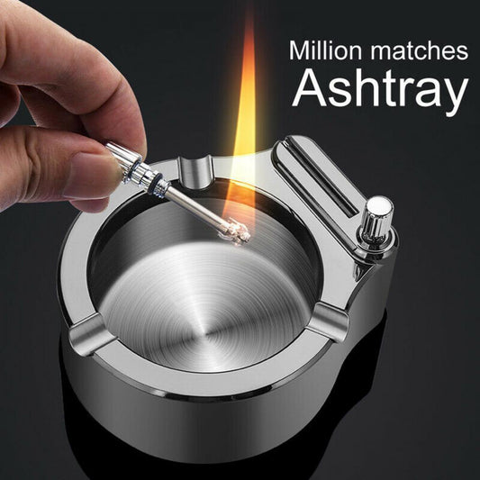 Eternal Flame Ashtray Set: Large Metal Ashtray with Permanent Match Lighter - Stylish Décor for Home and Office