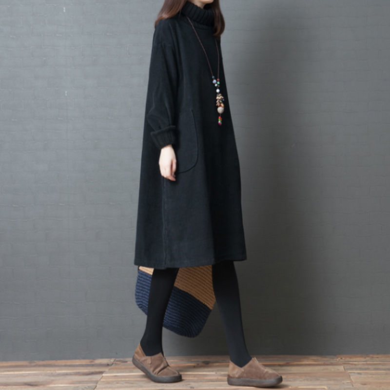 Autumn And Winter Plus Size Temperament Corduroy Turtleneck Dress