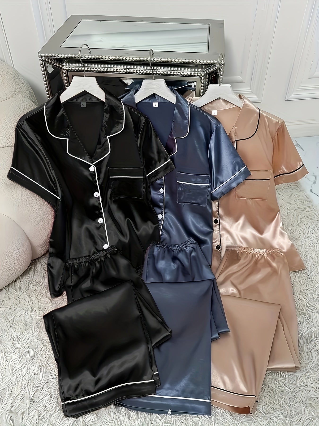 3 Sets Women's Solid Satin Casual Pajama Set ✨