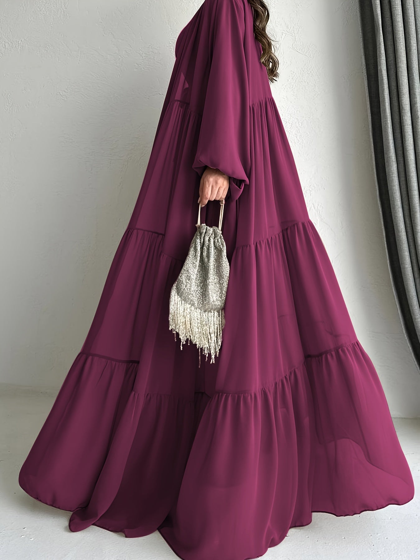 Crew Neck Long Sleeve Abayas Dress - Elegant Ruffle Hem Maxi with Long Sleeve Cardigan