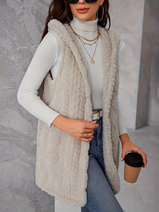 Textured Open Front Hooded Fuzzy Vest Jacket 🧸❄️