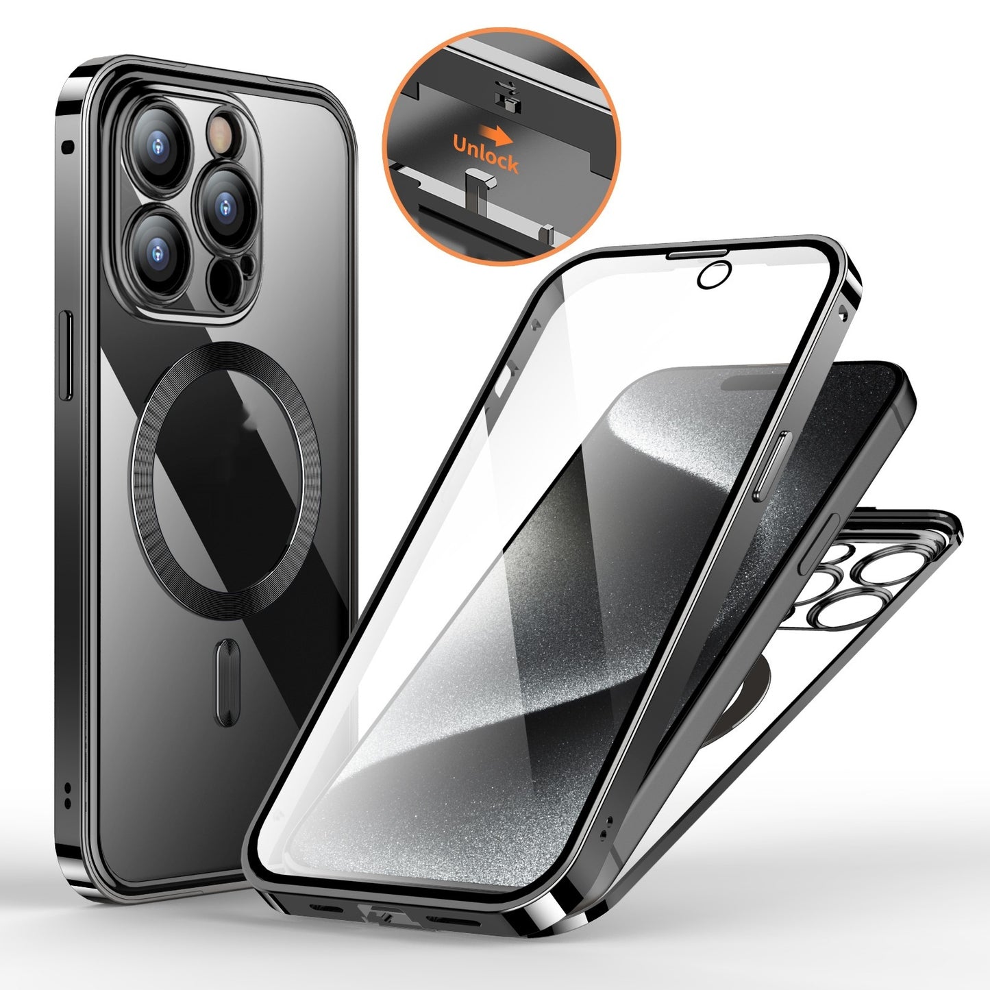 Secure Shield Magnetic Metal Buckle Phone Case: Double-Sided Lens Protection with Wireless Charging Support