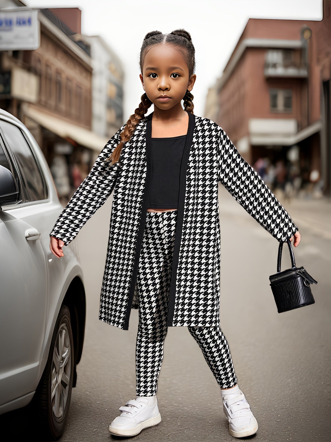 🌟 3-Piece Trendy Hounds tooth Pattern Set for Girls: Long Cardigan + Solid Tank Top + Slim Leggings 👧