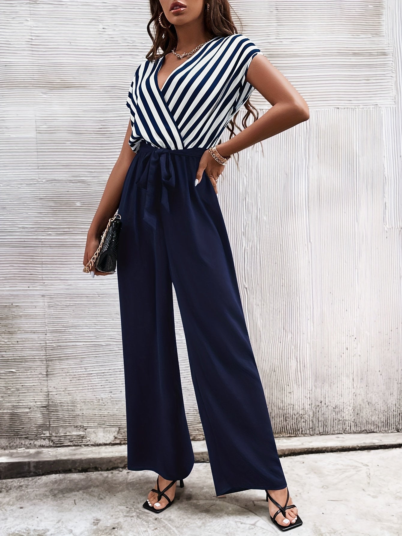 Striped Pattern Surplice Neck Jumpsuit