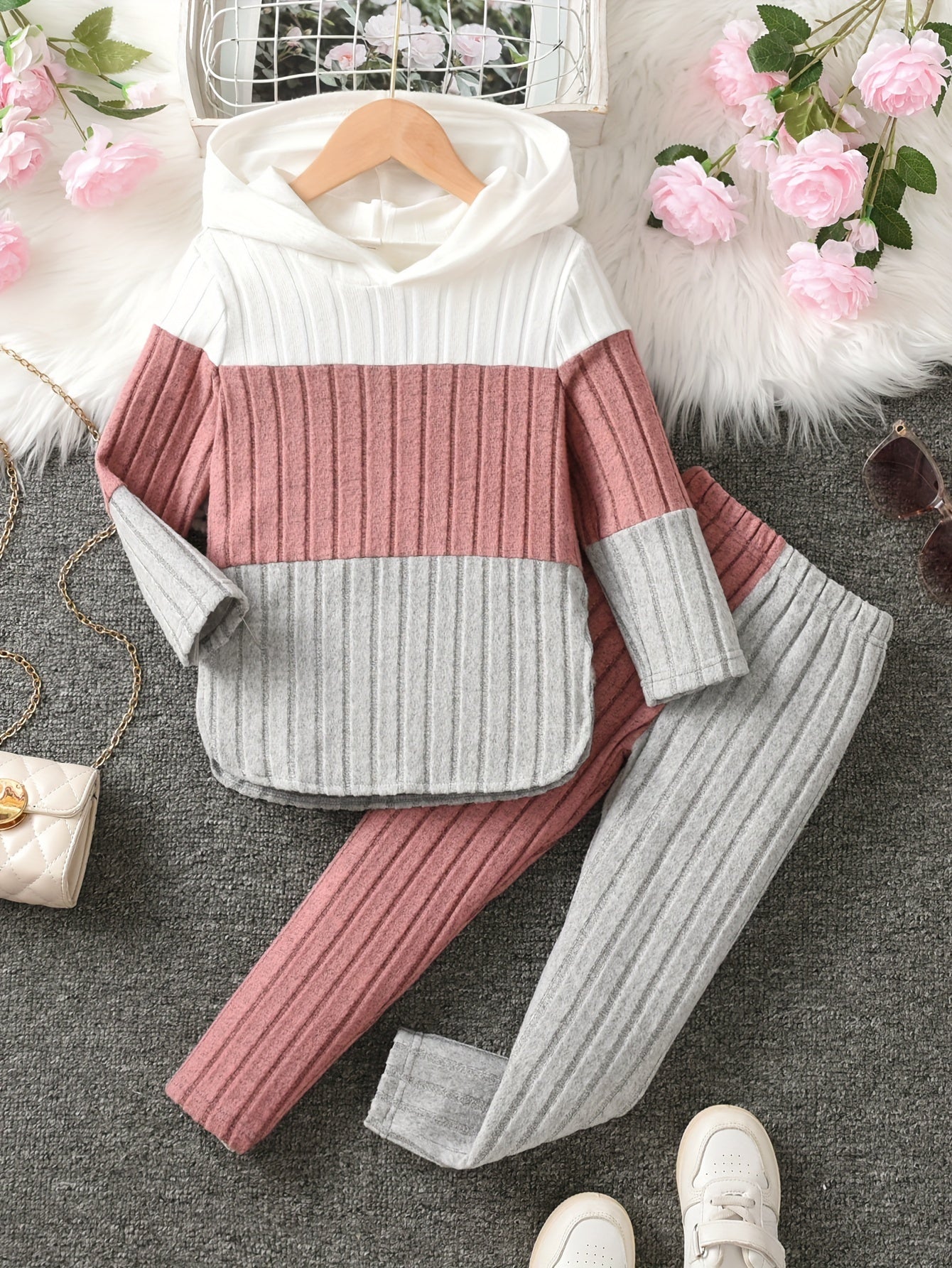 Girls' Contrast Color Ribbed Hoodie & Slim Pants Set ❄️✨