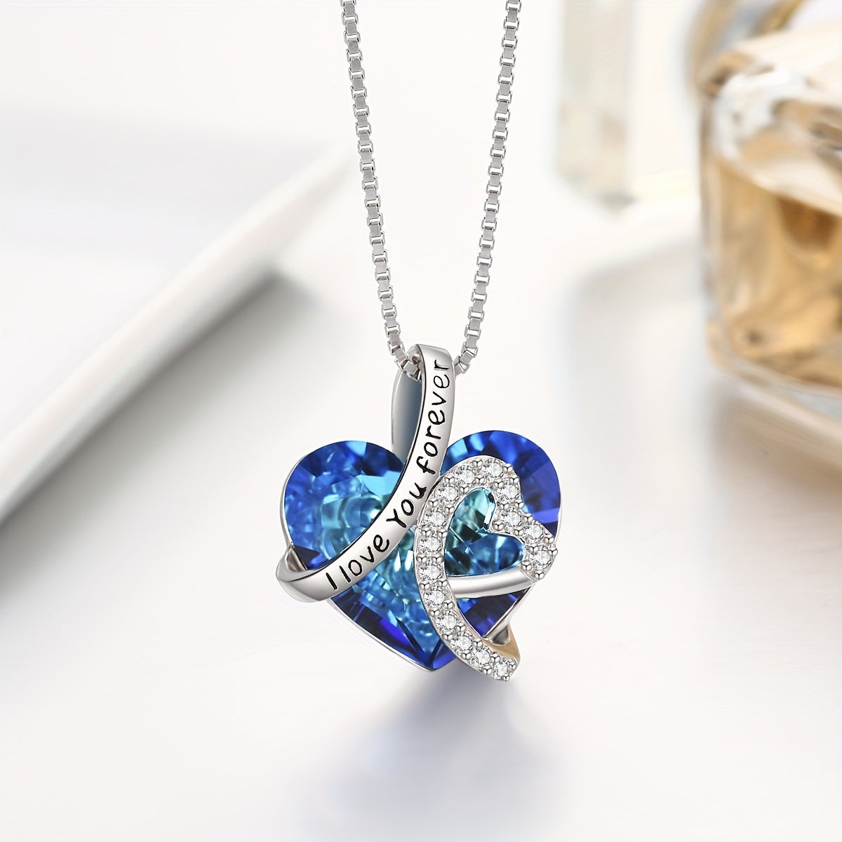 💖 "I Love You Forever" Heart-Shaped Pendant Necklace – 925 Sterling Silver & Blue Crystal ✨