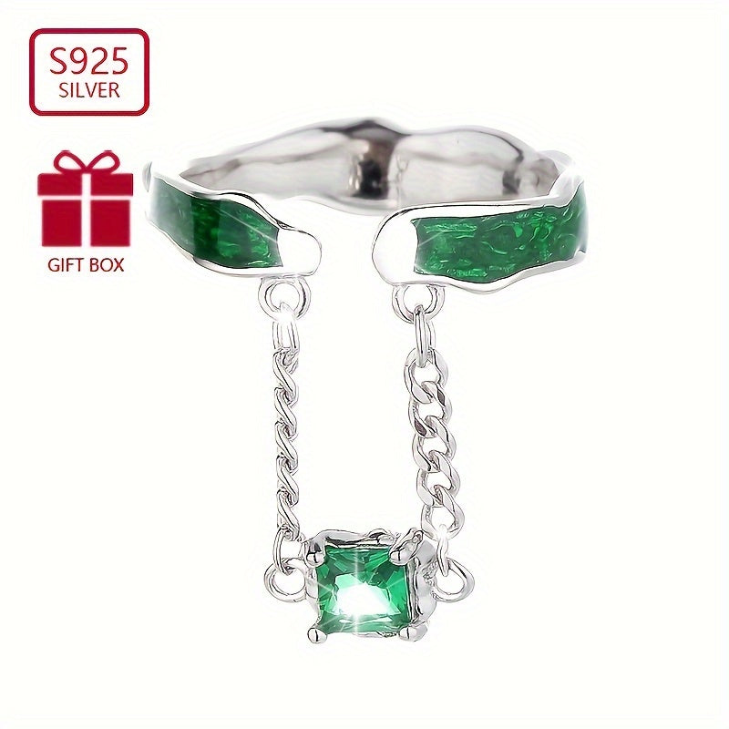 💚 Enchanted Green Zirconia Pendant Ring – S925 Sterling Silver Retro Luxury ✨