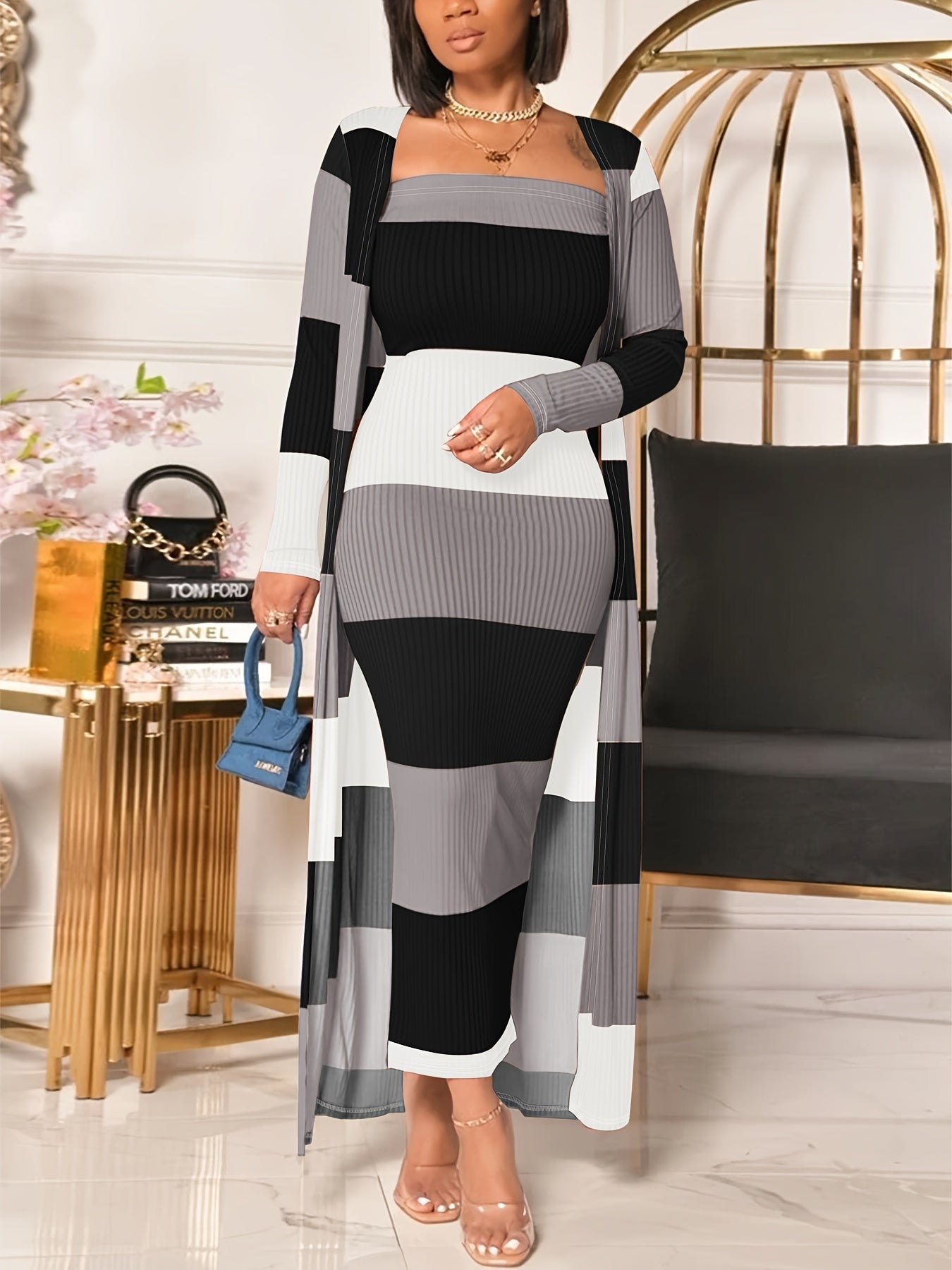 ✨ Stri-Pop™ Two-Piece Dress Set - Sleeveless Tube Dress & Open Front Long Sleeve Cardigan