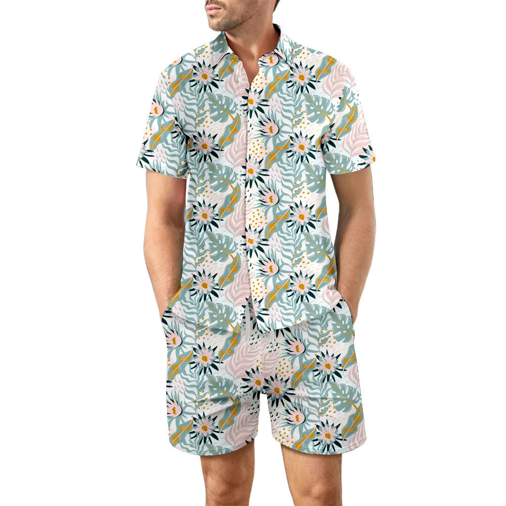 Surf Style Printed Beach Shirt Summer Suit: Loose Button Top and Drawstring Shorts Set