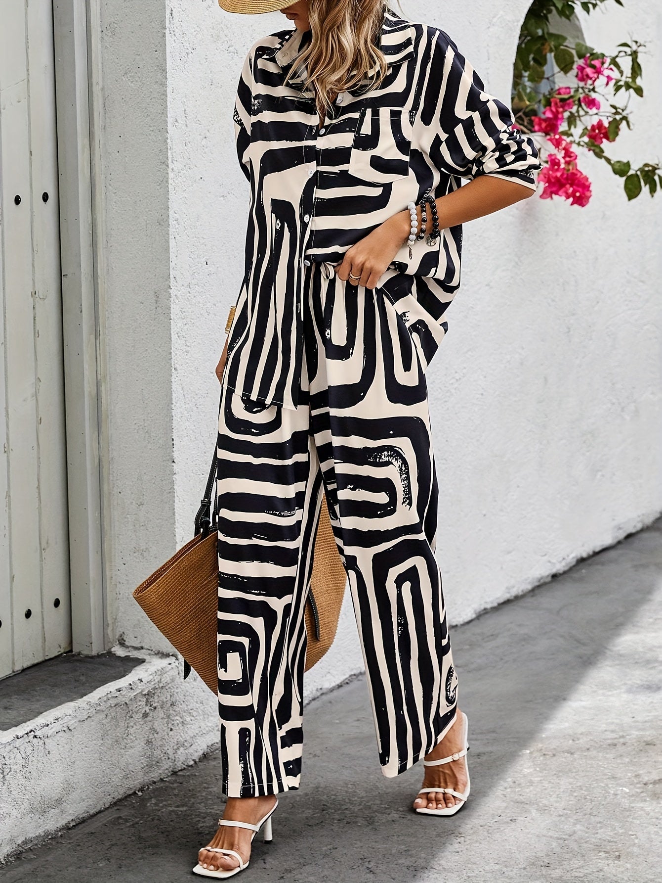 🌟 Geo Chic™ Two-Piece Set - Button Front Long Sleeve Shirt & Wide Leg Pants