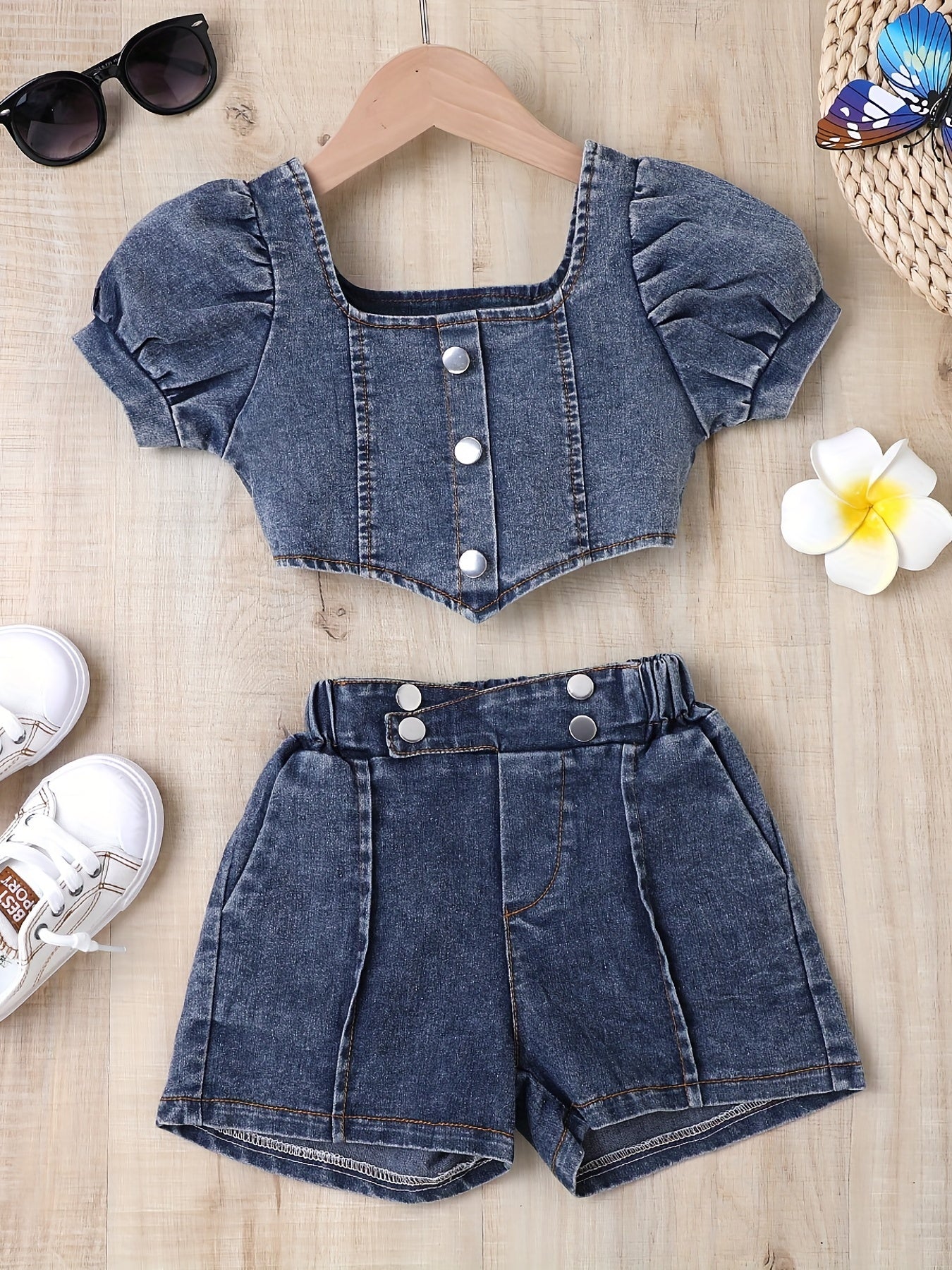 🌟 Girls' Y2K Denim Cropped Top & Shorts Set 🌟