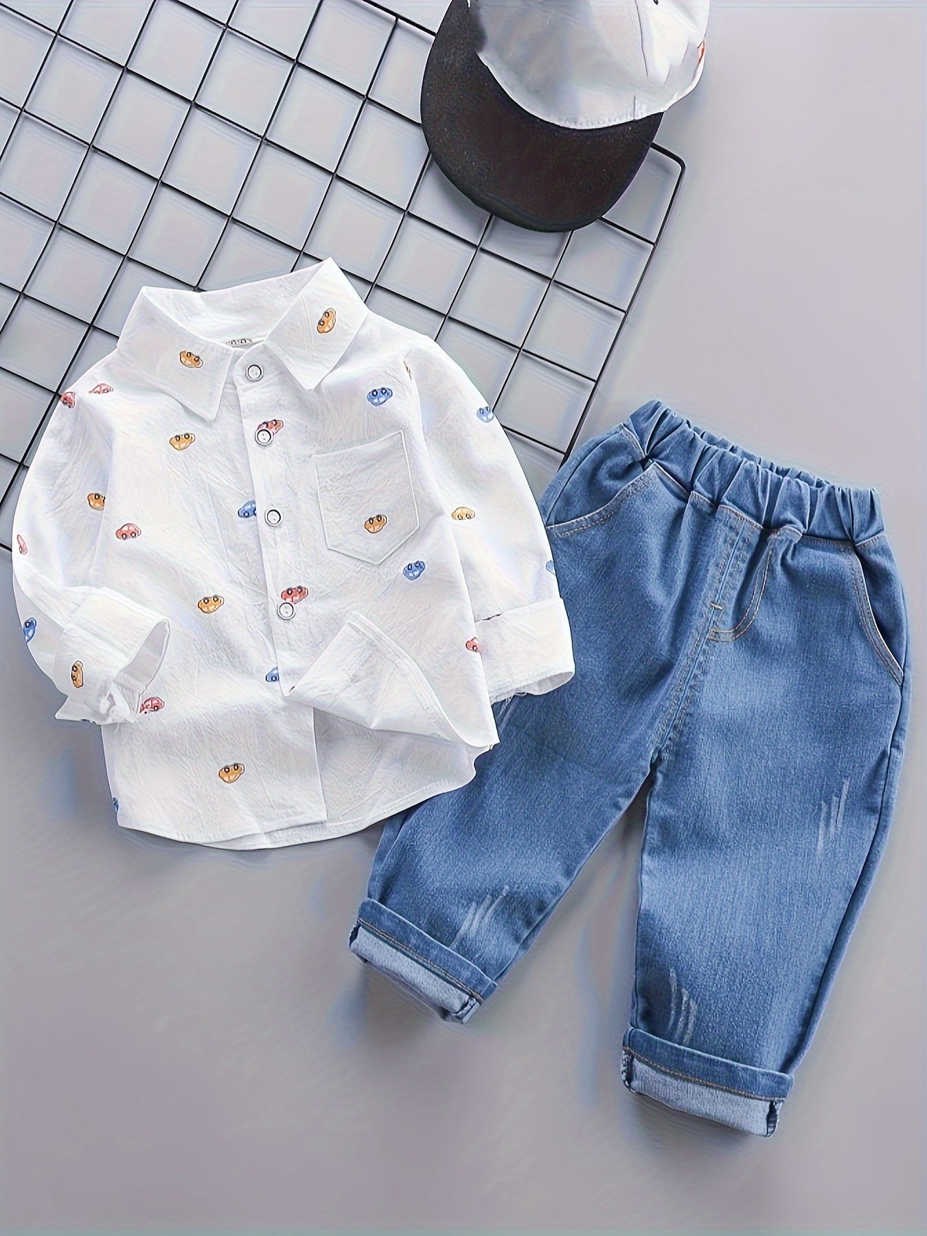 🚗 Baby Boy's 2Pcs Cartoon Cars Button Down Shirt & Elastic Pants Set