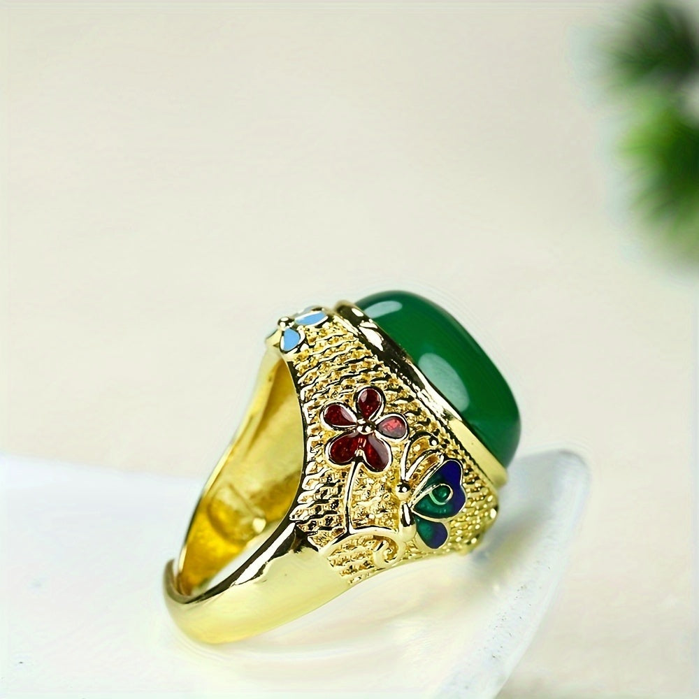 Cloisonné Green Agate Retro Palace Style Ring 💚👑