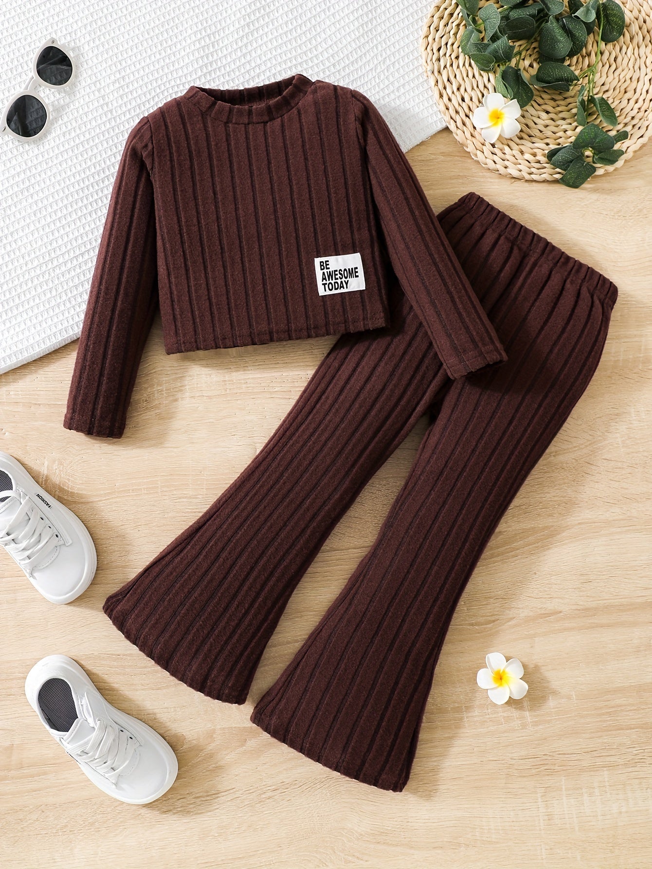 🌸 Toddler Girls 2-Piece Ribbed Outfit Set - Crew Neck Long Sleeve Pullover + Flare Pants