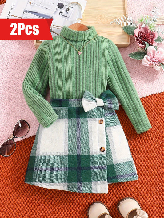 🍂 Elegant 2PCS Girls' Outfit Set: Solid Turtleneck Pullover + Plaid Skirt 🎀