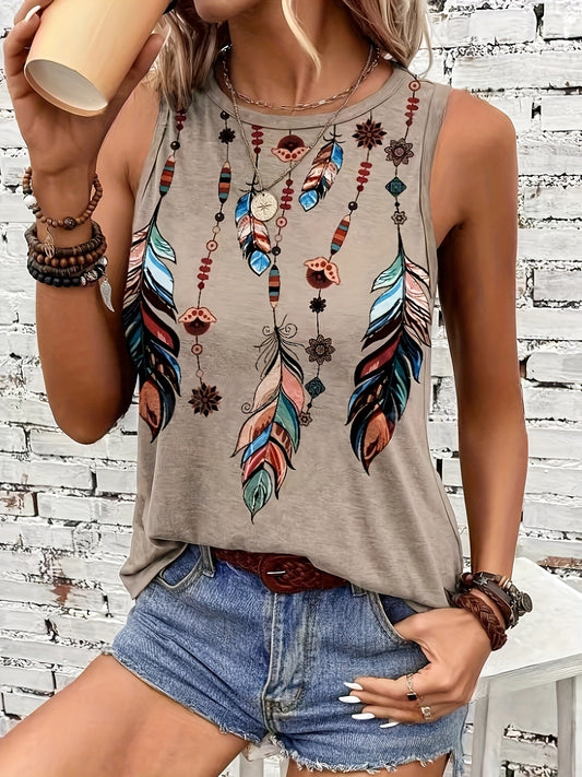 Feather Print Crew Neck Tank Top