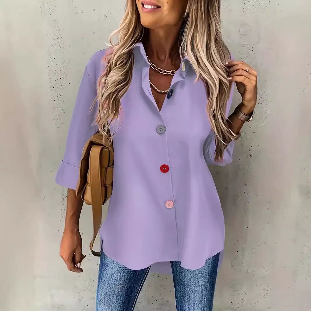 Casual Women's Solid Color Buttons Long Sleeve Shirt Top