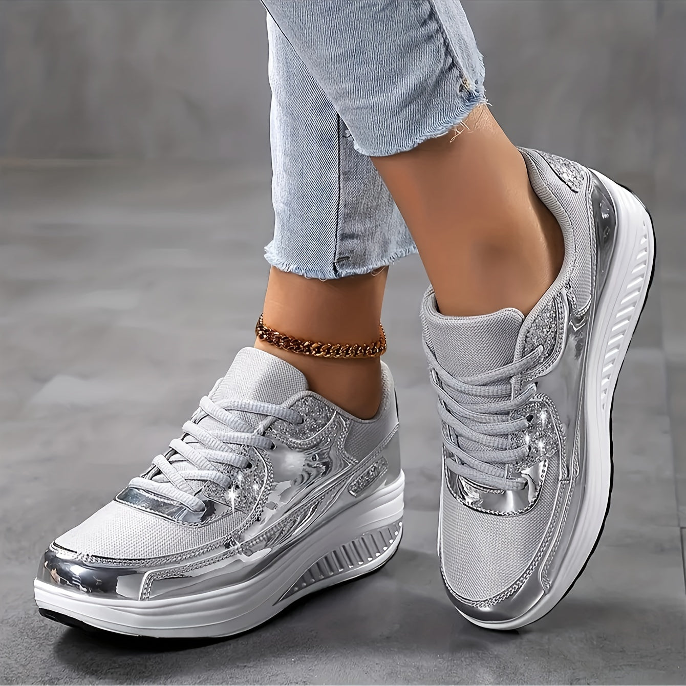 💫 "Glam Walk" Women's Silvery Glitter Platform Sneakers 💫