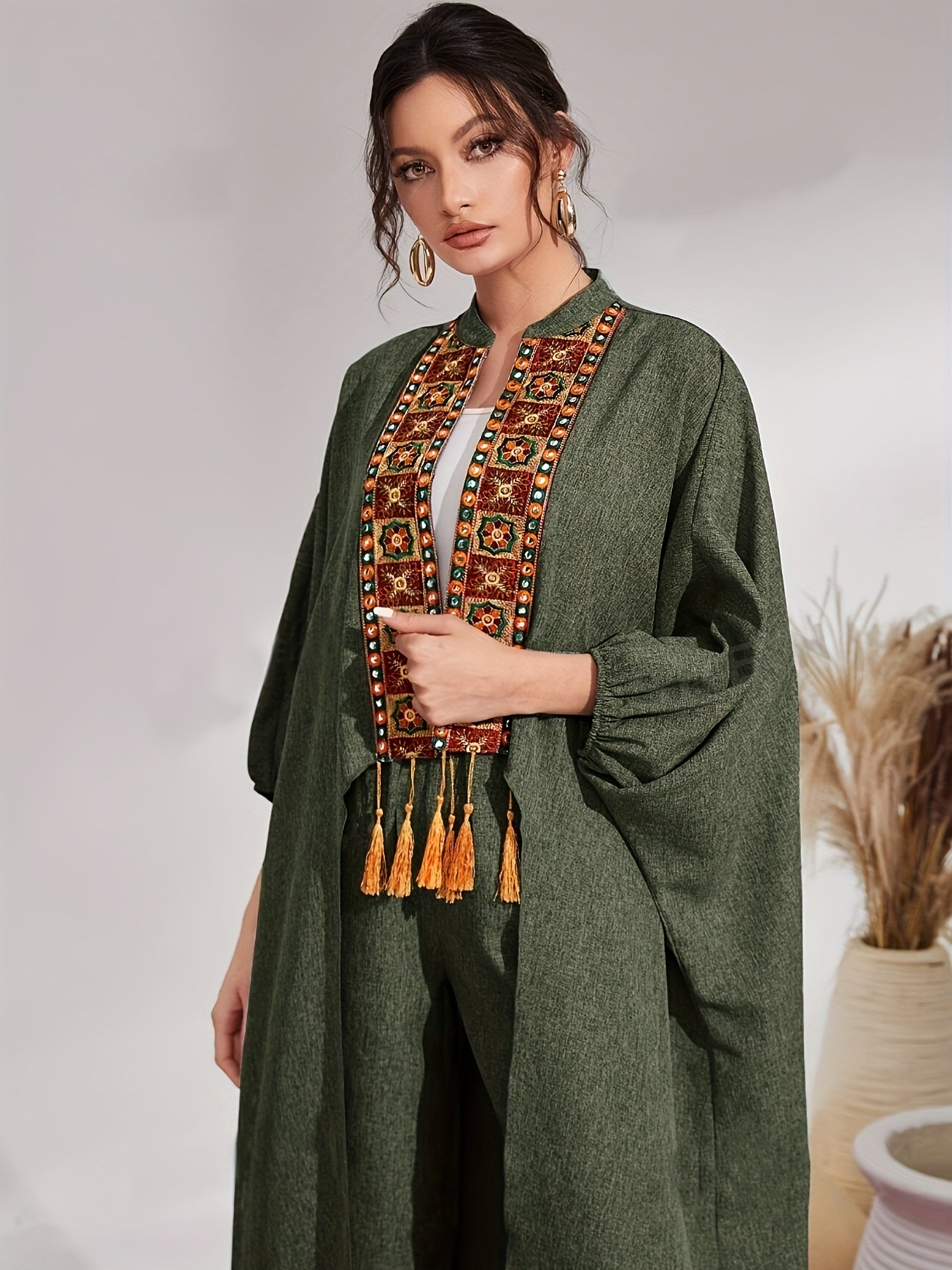 ✨ Boho Breeze™ Tribal Embroidered Tassel Cover-Up & Wide-Leg Pants Set