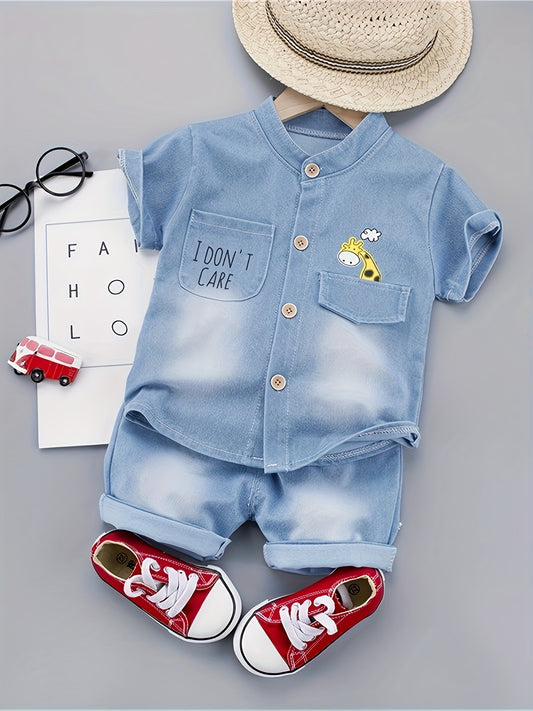 🌟 Newborn Baby Boys' Cartoon Denim Top & Shorts Set – Casual Summer Holiday Outfit 👶