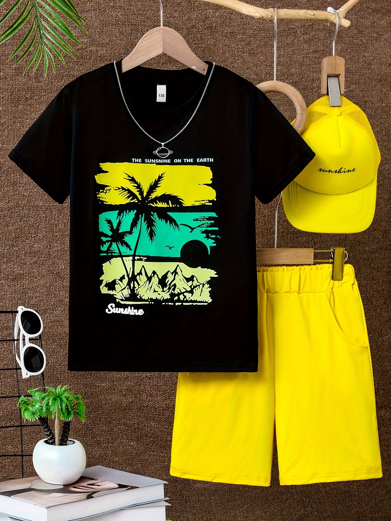 🌴 2-Piece Boys' Casual Coconut Tree Print T-Shirt, Shorts & Cap Set – Cool & Comfy Summer Outfit ☀️