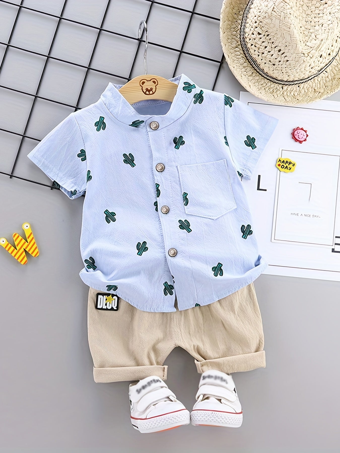 🦕 Baby Boys' Dinosaur Print Button Shirt & Elastic Waist Shorts Set – Adorable Summer Outfit 👶