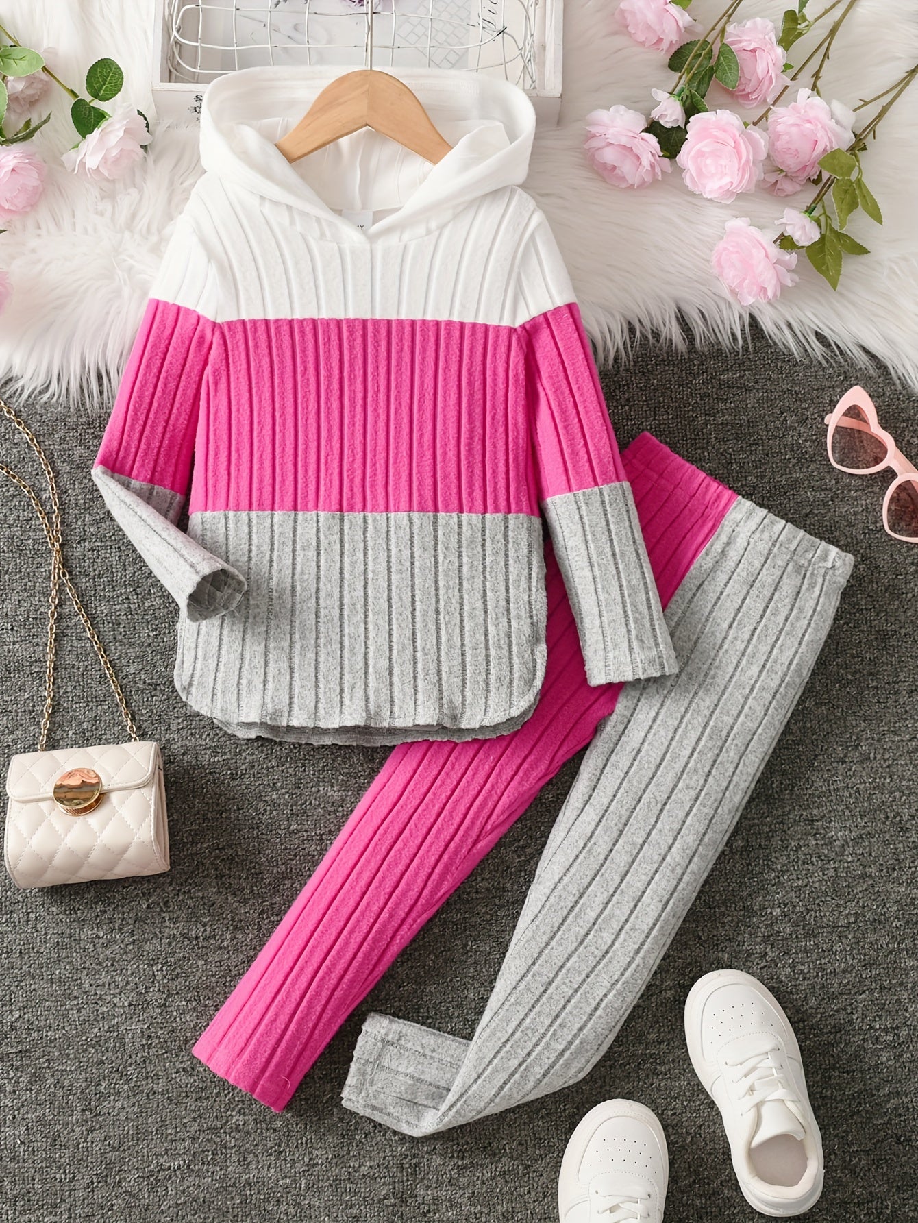 Girls' Contrast Color Ribbed Hoodie & Slim Pants Set ❄️✨