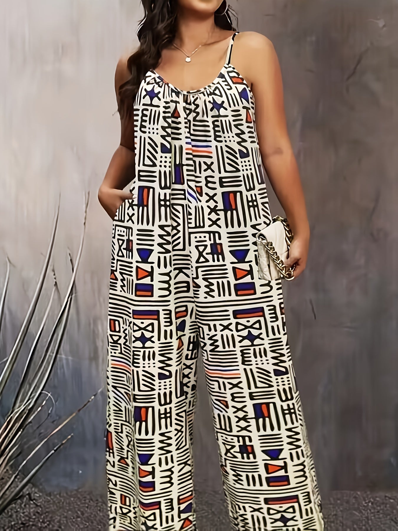 Plus Size Geometric Print Round Neck Wide Leg Cami Jumpsuit - Bold & Beautiful 🌟🔺