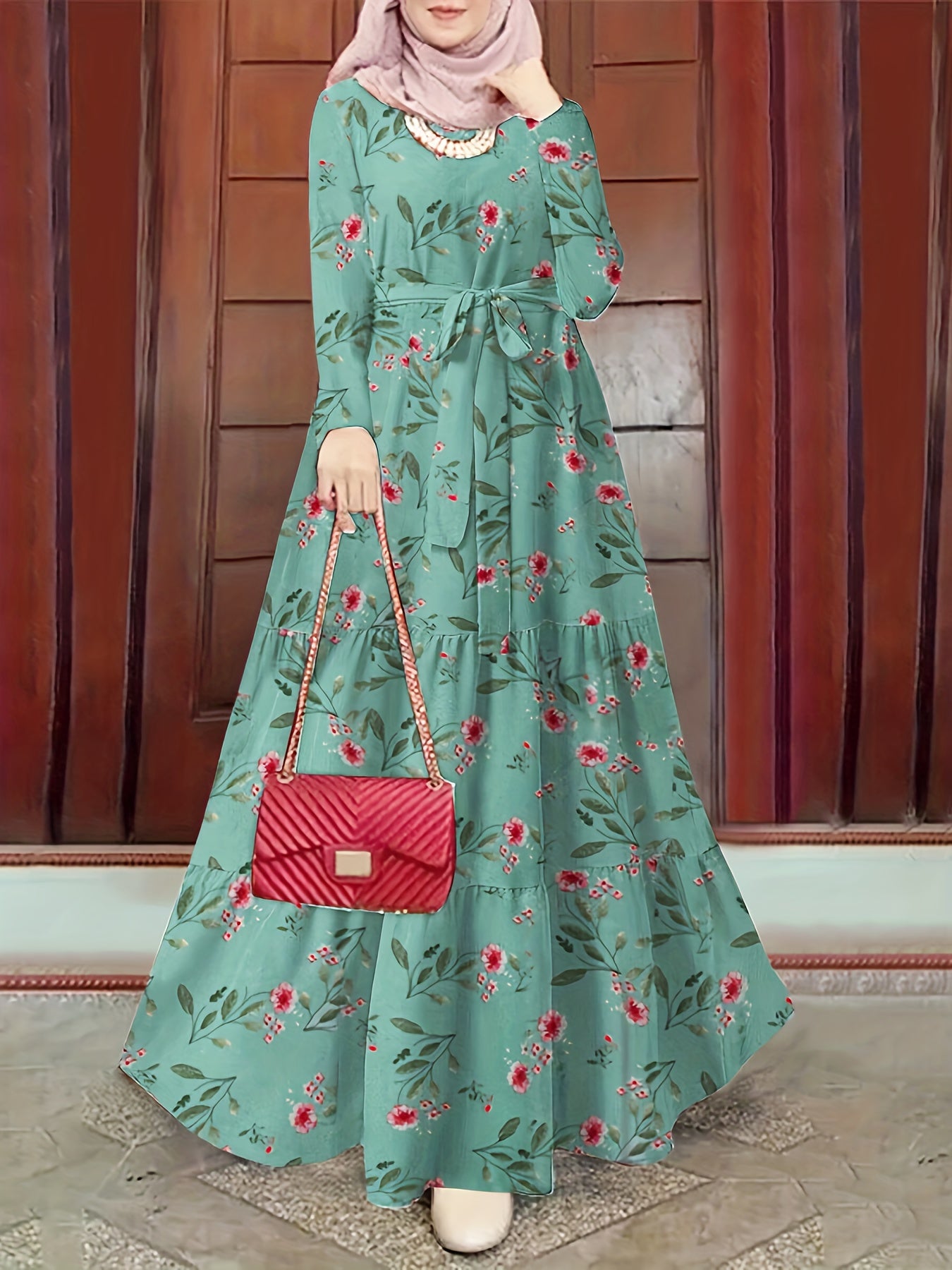 Floral Print Long Sleeve Kaftan Dress