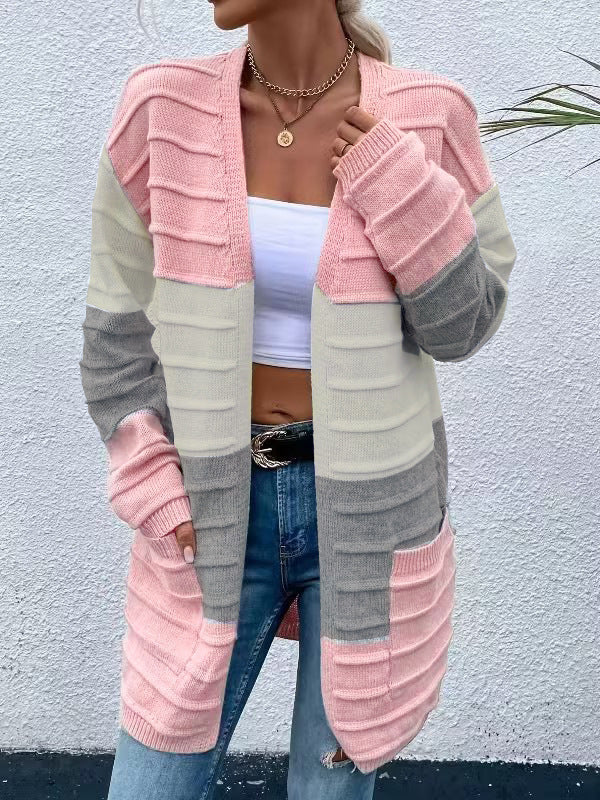 Amazon AliExpress Sweater Women's 2024 Fashion Jacket With Big Pockets Autumn And Winter Long Striped Color Matching Cardigan