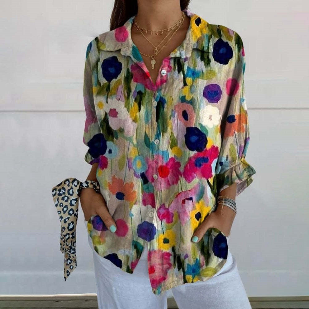 3D Color Matching Printing Pattern Autumn Leisure Loose Shirt Button Top