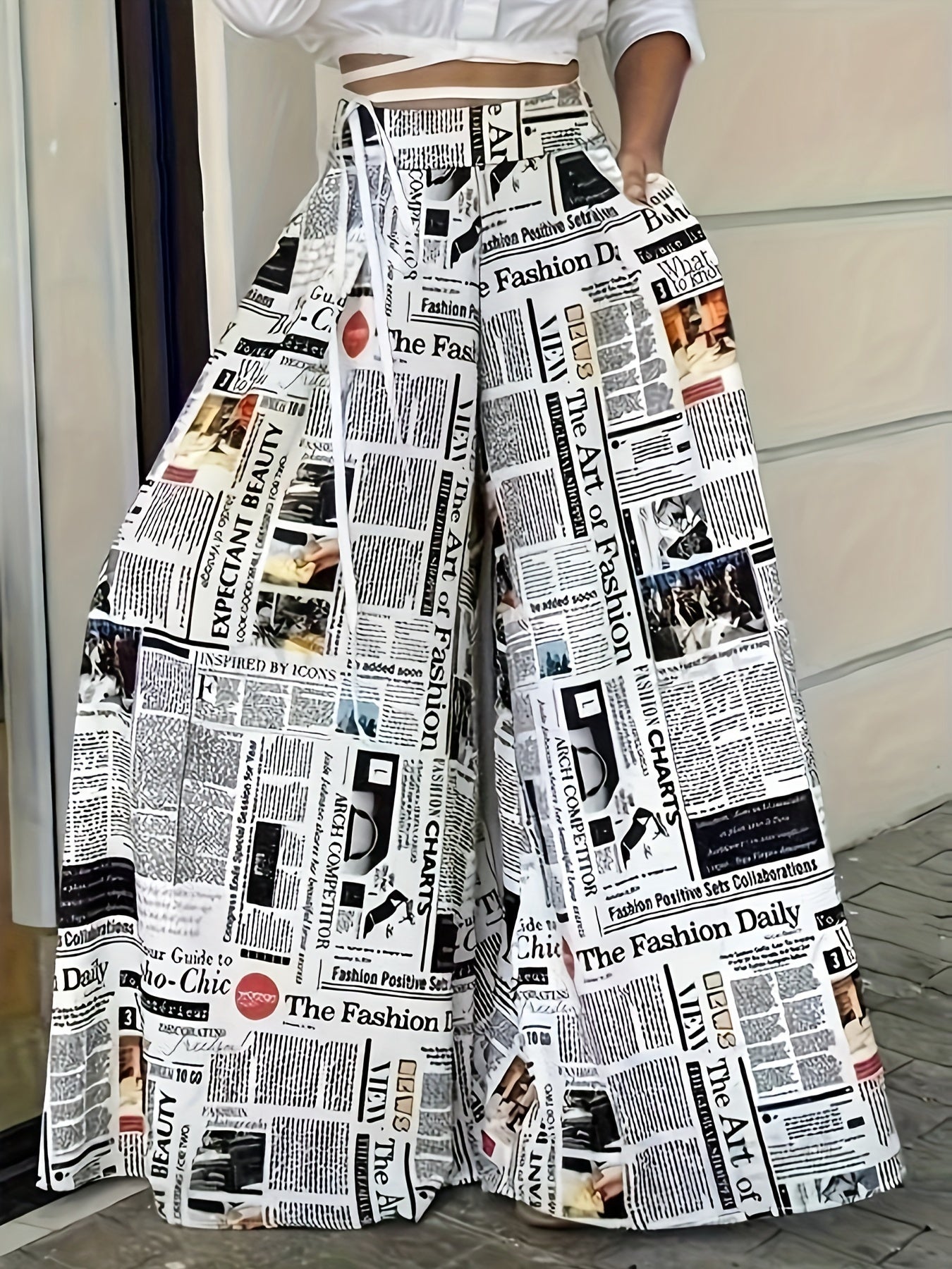 Newspaper Print Wide Leg Pocket Pants